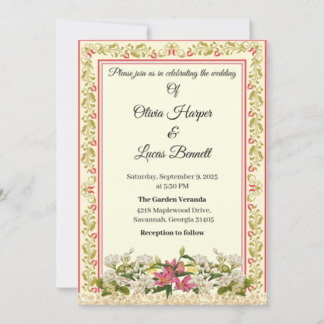 Elegante Einladung zur Hochzeit in Rot und Gold (Vorderseite)