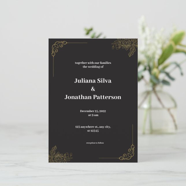 Elegante Einladung zur Hochzeit in Schwarz und Gol (Stehend Vorderseite)