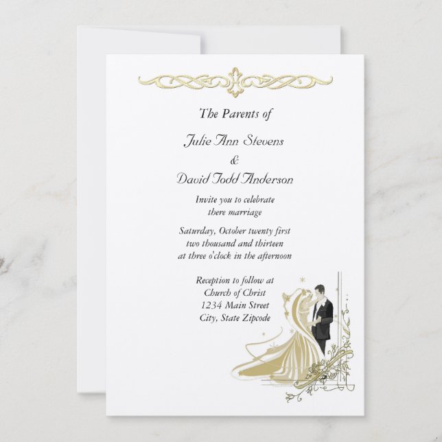 Elegante Einladung zur Hochzeit in Weiß und Gold (Vorderseite)