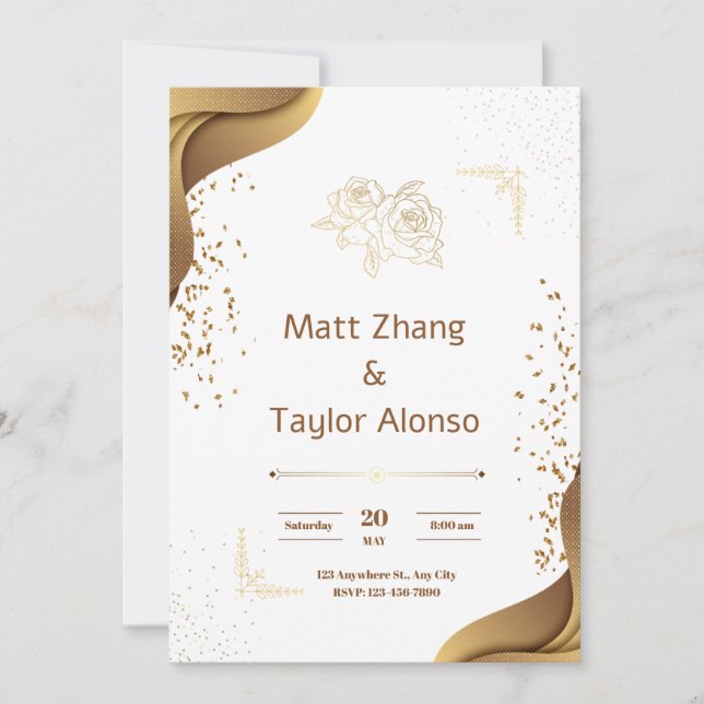 Elegante Einladung zur Hochzeit in Weiß und Gold (Vorderseite)