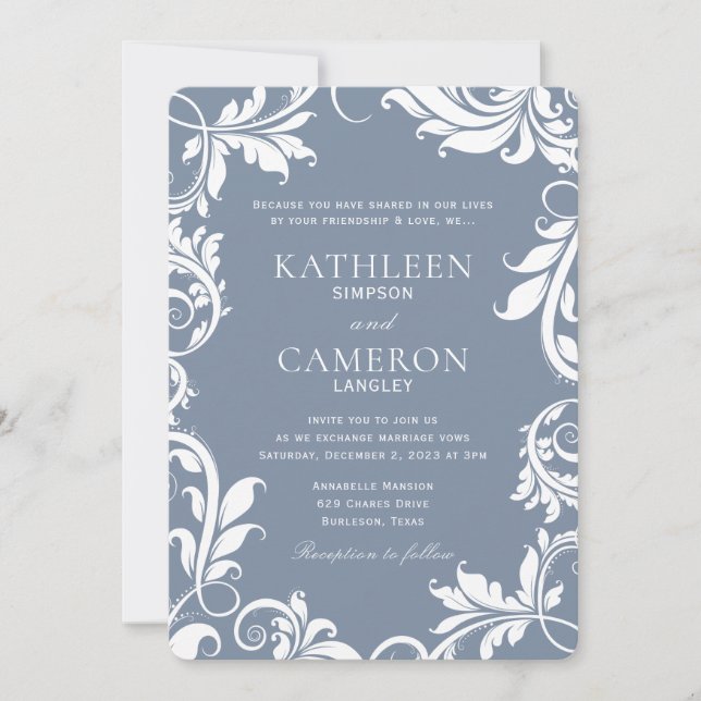 Elegante Einladung zur Hochzeit | Reben (Dusty Blu (Vorderseite)