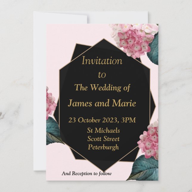 Elegante Einladung zur Hochzeit, rosa Blume, schwa (Vorderseite)