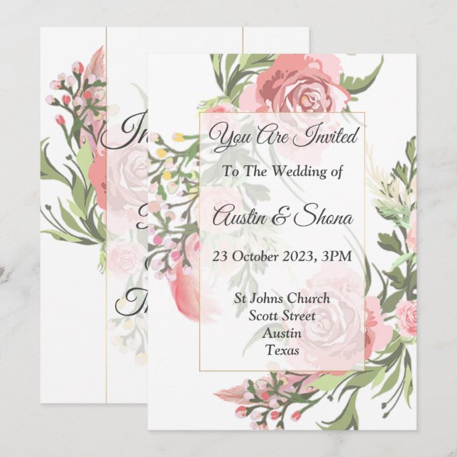 Elegante Einladung zur Hochzeit, rosa, blumenreich (Vorne/Hinten)