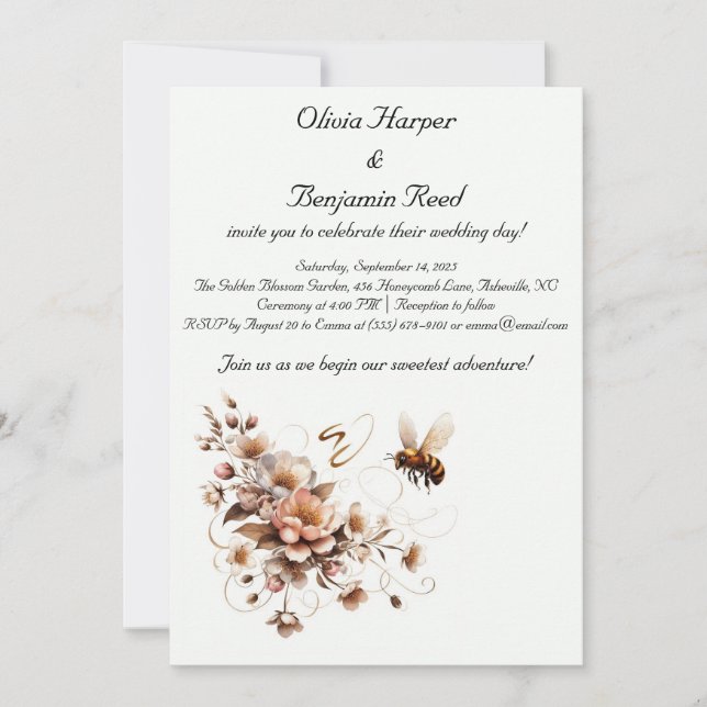 Elegante Einladung zur Hochzeit von Bienen und Blu (Vorderseite)