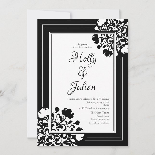Elegante Einladung zur Hochzeit von Schwarz und We (Vorderseite)