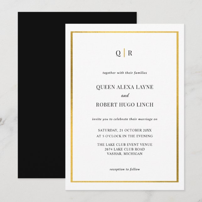 Elegante Einladung zur Schwarz-Gold-Hochzeit (Vorne/Hinten)