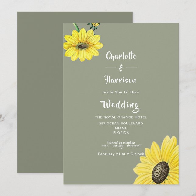 Elegante Einladung zur Sonnenblumen Grüne Hochzeit (Vorne/Hinten)