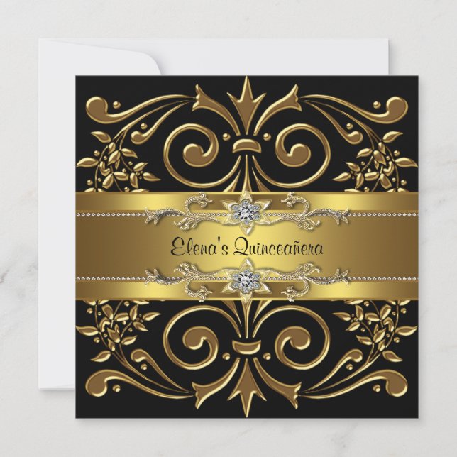 Elegante Einladungen für Schwarz und Gold Quincean (Vorderseite)