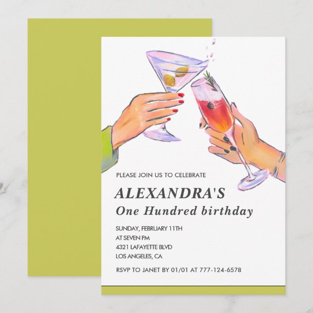 Elegante Einladungen zum 100. Geburtstag Cocktail  (Vorne/Hinten)
