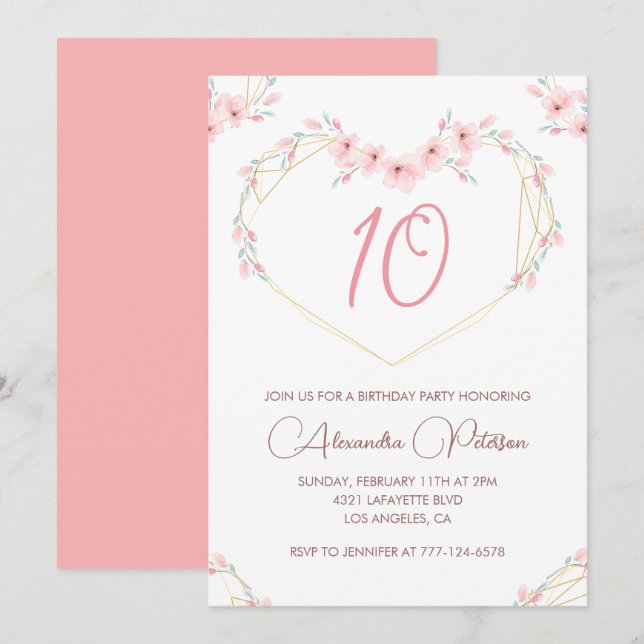 Elegante Einladungen zum 10. Geburtstag Pink Flora (Vorne/Hinten)
