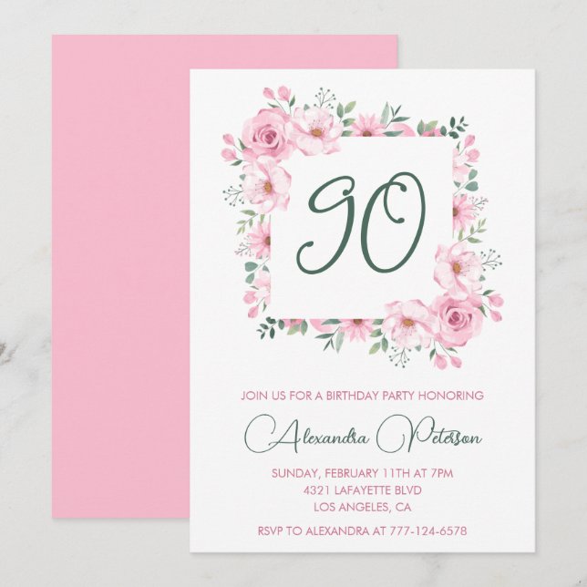 Elegante Einladungen zum 90. Geburtstag Floral Pin (Vorne/Hinten)