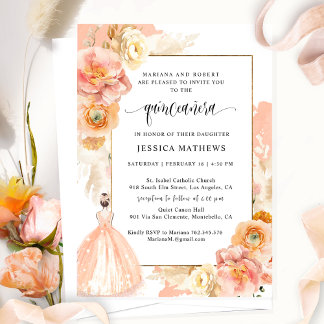 Elegante, einzigartige Pfirsichprinzessin Quinceañ Einladung