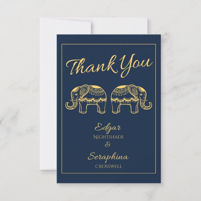 Elegante Elefanten Blue and Gold Indian Wedding Dankeskarte (Vorderseite)