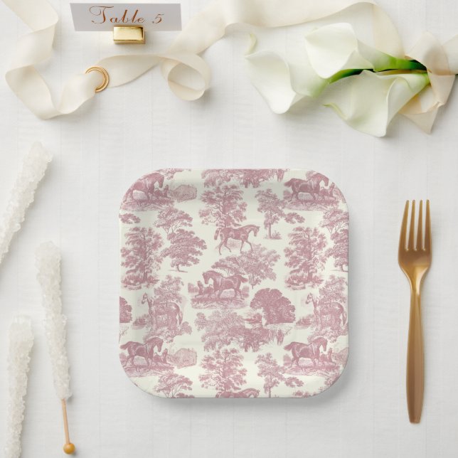 Elegante Elegante Chic Rosa Pferde Land Toile Pappteller (Hochzeit)
