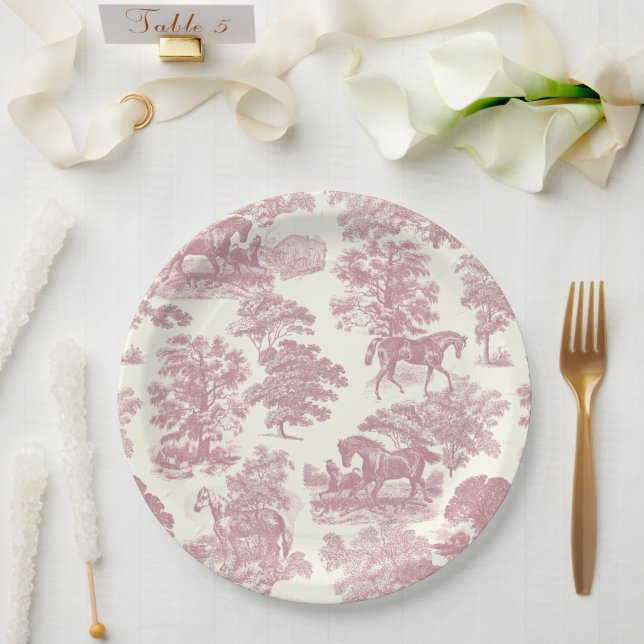 Elegante Elegante Chic Rosa Pferde Land Toile Pappteller (Hochzeit)