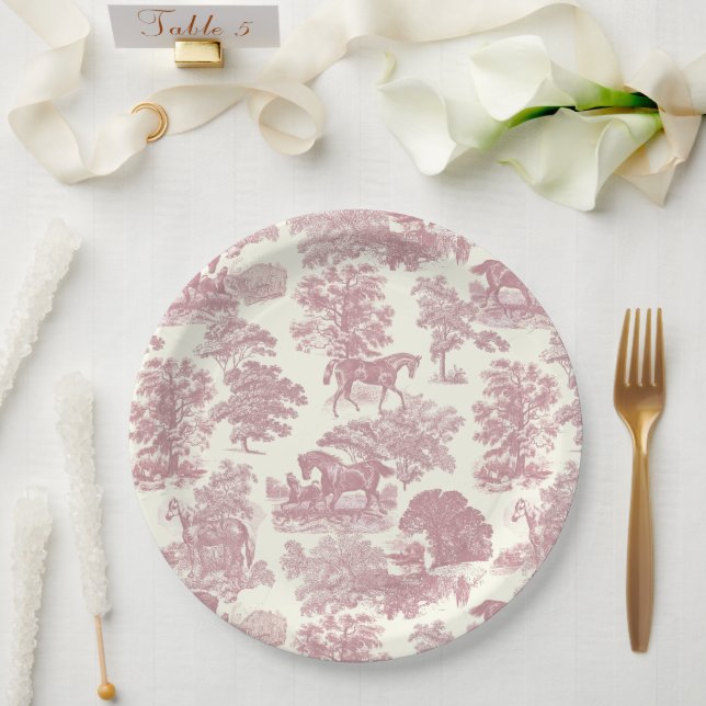 Elegante Elegante Chic Rosa Pferde Land Toile Pappteller (Hochzeit)