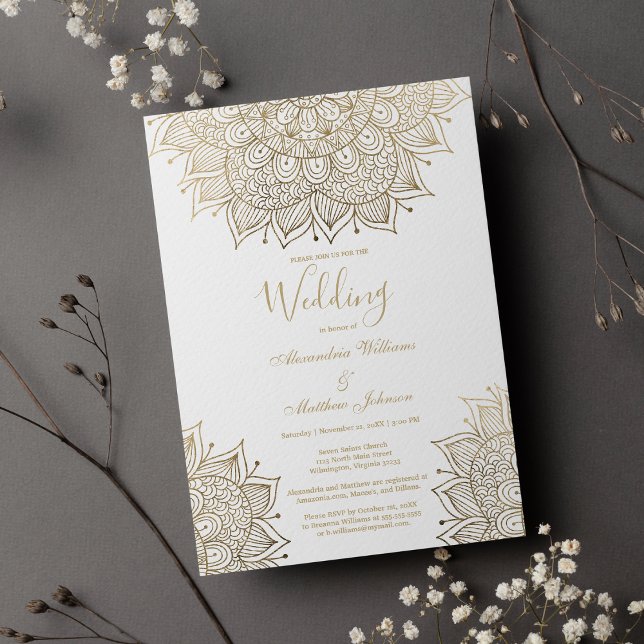 Elegante, elegante Goldmandala Hochzeit Einladung (Elegant white chic gold floral mandala Wedding )