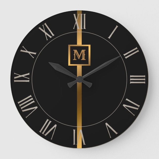 Elegante Elegante Moderne Black Gold Marmor Große Wanduhr (Vorderseite)