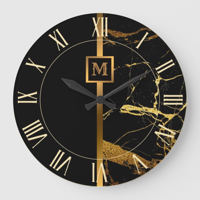 Elegante Elegante Moderne Black Gold Marmor Große Wanduhr (Vorderseite)