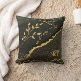 Elegante, elegante Schwarz-Gold-Marmorinitials Kissen