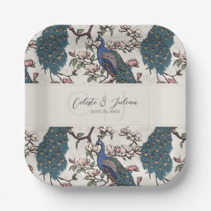 Elegante Elfenbein-Blumen-Pfau-Hochzeit Pappteller