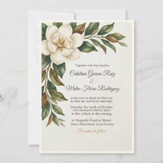 Elegante Elfenbein-Magnolie Budget-Hochzeitseinlad Einladung