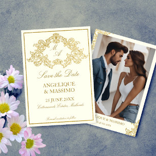 Elegante Elfenbein- und Gold-Hochzeitsfoto im Vint Save The Date