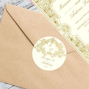 Elegante Elfenbein- und Gold-Vintage-Hochzeitsvorl Runder Aufkleber