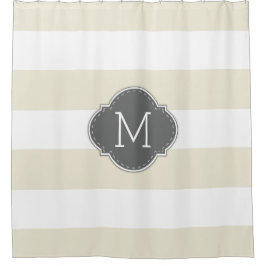 Elegante Elfenbein- und Weißstreifen mit Monogramm Duschvorhang