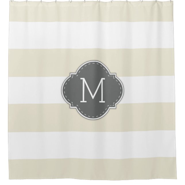Elegante Elfenbein- und Weißstreifen mit Monogramm Duschvorhang (Vorderseite)