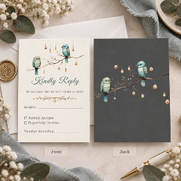 Elegante Elfenbeinblaue Vögel Waldhochzeit RSVP Karte