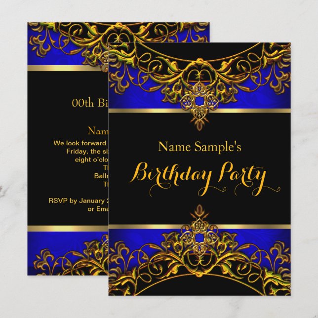 Elegante Elite Royal Blue Gold Black Birthday Einladung (Vorne/Hinten)