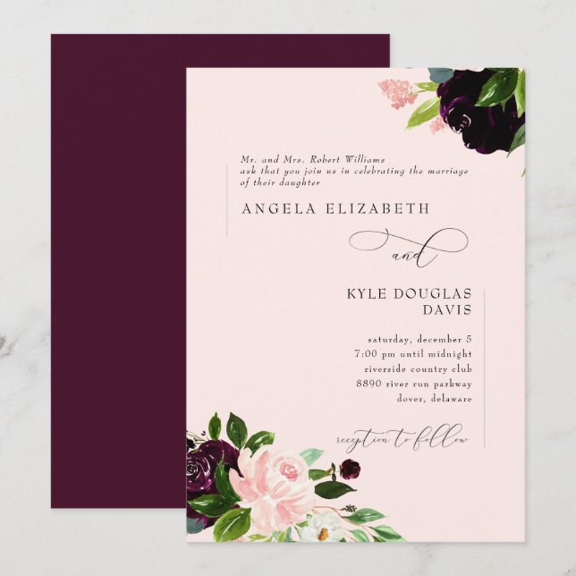 Elegante Eltern mit Blumen und Weinbräune Hochzeit Einladung (Vorne/Hinten)