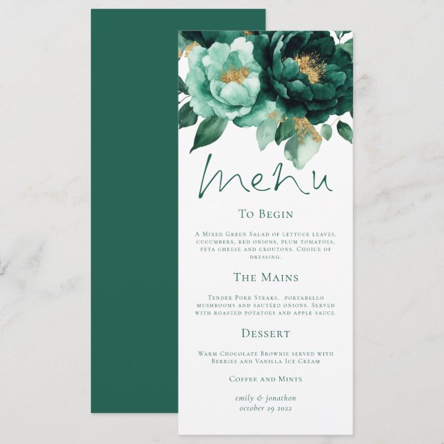 Elegante Emerald and Gold Florals Wedding Menu Car Einladung (Vorne/Hinten)