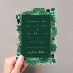 Elegante Emerald Gold Rose Clear Wedding Acryleinladungen