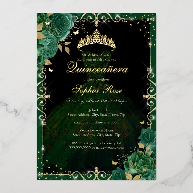 Elegante Emerald Gold Rose Dress Quinceanera Folieneinladung (Vorderseite)