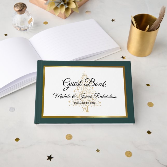Elegante Emerald Gold Winterferien Hochzeit Gästebuch (Vorderseite Offen)