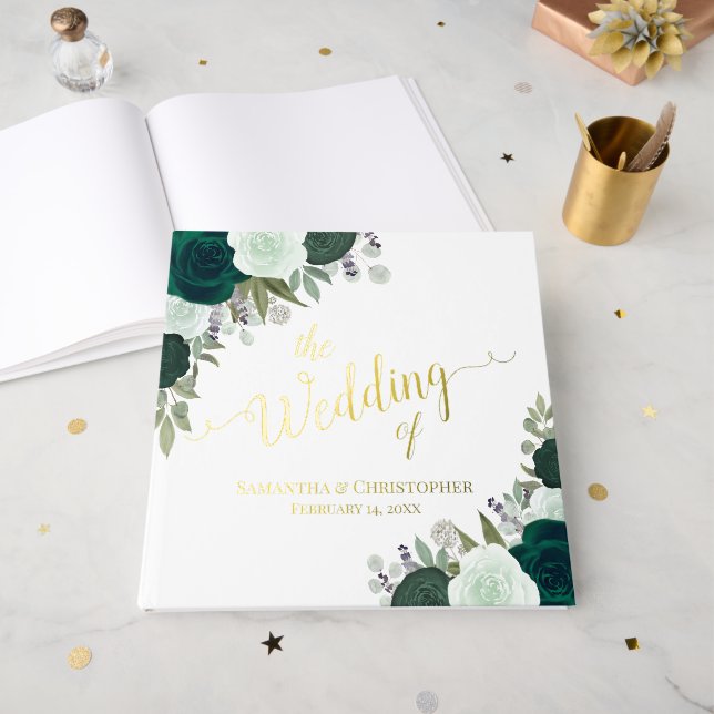 Elegante Emerald Green Boho Rose Hochzeit Gästebuch (Vorderseite Offen)