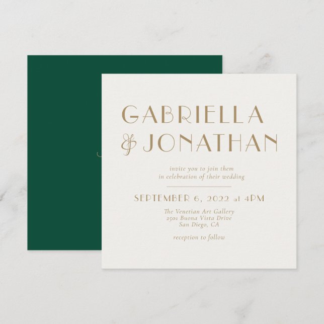 Elegante Emerald Green Cream Gold Wedding Einladung (Vorne/Hinten)