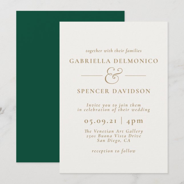 Elegante Emerald Green Cream Wedding Einladung (Vorne/Hinten)
