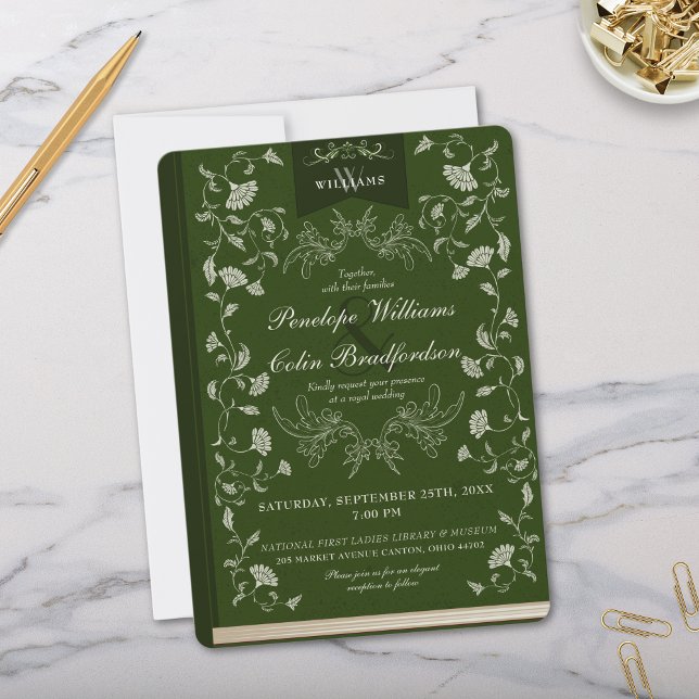 Elegante Emerald Green Floral Book Cover Wedding Einladung (Elegant Regency Era Green Floral Wedding Invitation with Book Cover Aesthetics and Calligraphy)