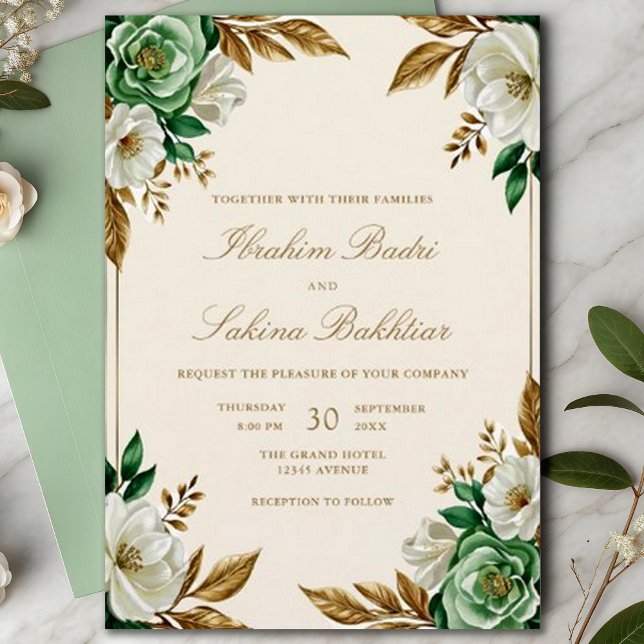 Elegante Emerald Green Floral muslimische Hochzeit Einladung (Von Creator hochgeladen)