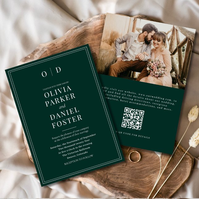 Elegante Emerald Green Foto QR Code Wedding Einladung (Von Creator hochgeladen)