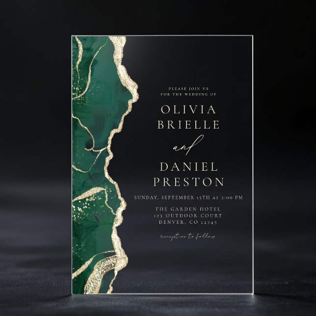 Elegante Emerald Green Gold Agate Wedding Acryleinladungen (Von Creator hochgeladen)