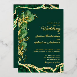 Elegante Emerald Green & Gold Agate Wedding Folieneinladung