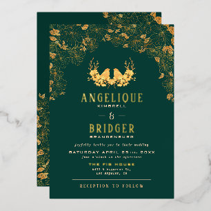 Elegante Emerald Green Gold Birds Floral Wedding Folieneinladung