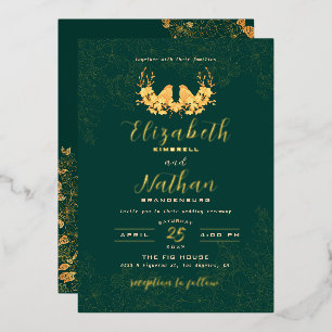 Elegante Emerald Green Gold Birds Floral Wedding Folieneinladung