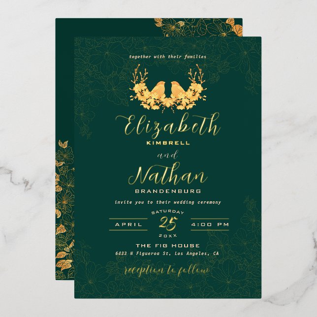 Elegante Emerald Green Gold Birds Floral Wedding Folieneinladung (Vorderseite/Rückseite)