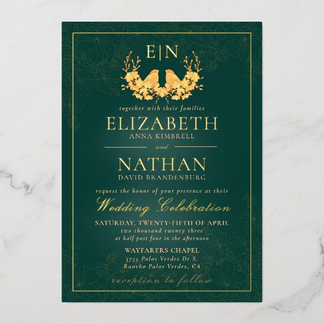 Elegante Emerald Green Gold Birds Monogram Wedding Folieneinladung (Vorderseite)