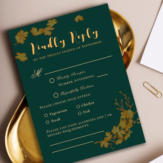 Elegante Emerald Green & Gold Blume UAWG RSVP Karte (Von Creator hochgeladen)
